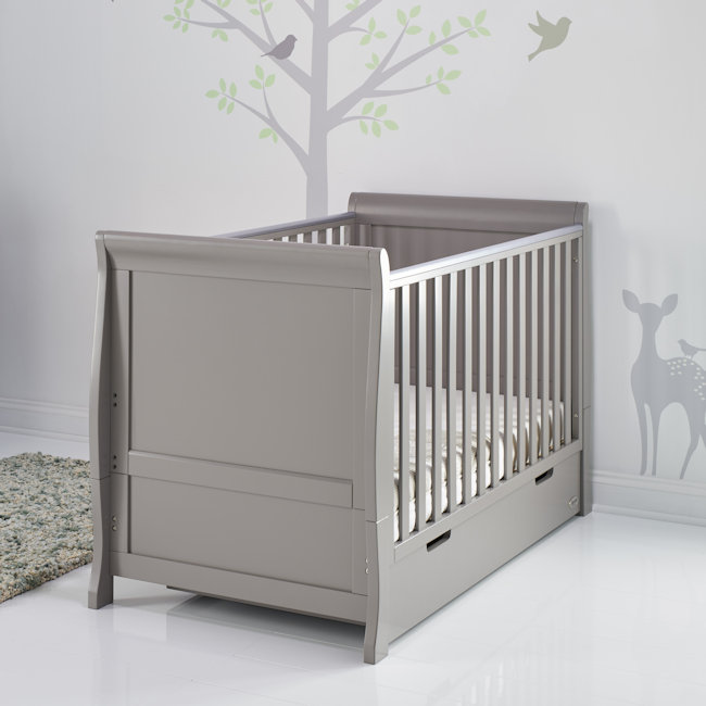 Obaby Stamford Sleigh Classic Cot Bed and All Seasons Pocket Sprung Mattress Warm Grey 