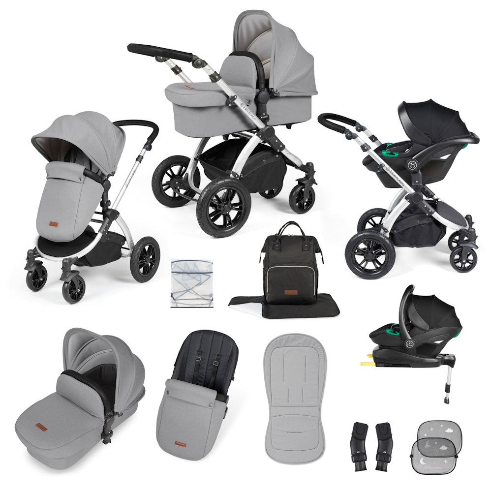 Ickle Bubba Stomp Luxe & Cirrus I Size Car Seat & Base Bundle - Silver/Pearl Grey/black bundle