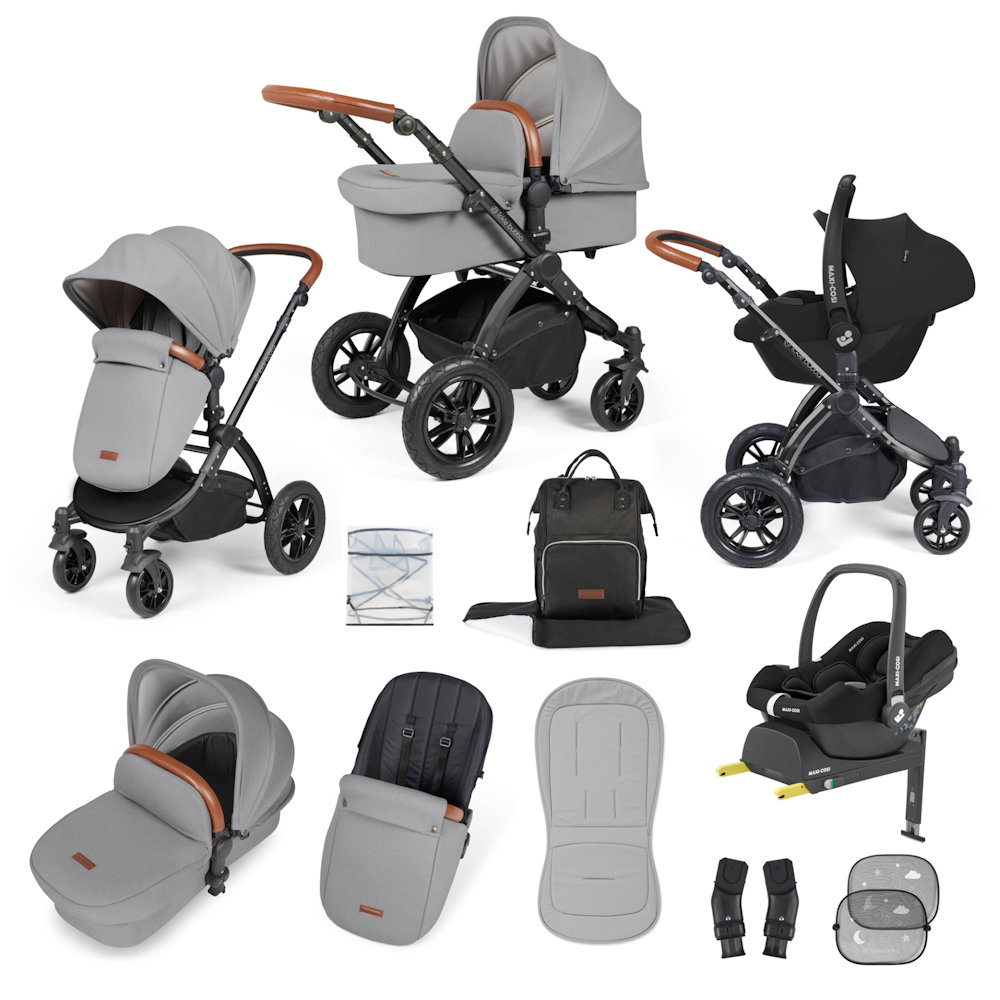 Ickle Bubba Stomp Luxe & Maxi Cosi I Size Cabriofix Car Seat & Base Bundle - Black/Pearl Grey