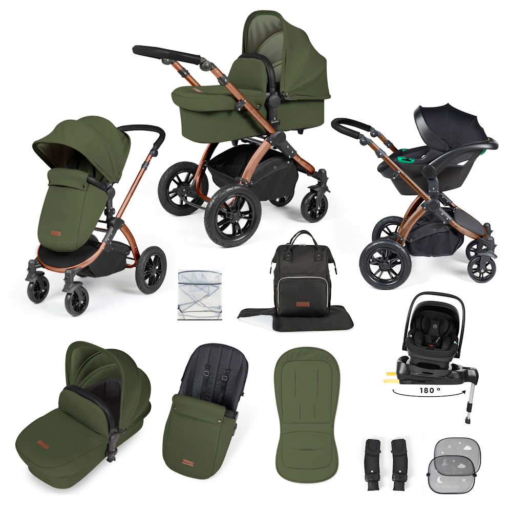 Ickle Bubba Stomp Luxe & Nimbus I Size Car Seat & SPIN Base Bundle - Bronze/Woodland