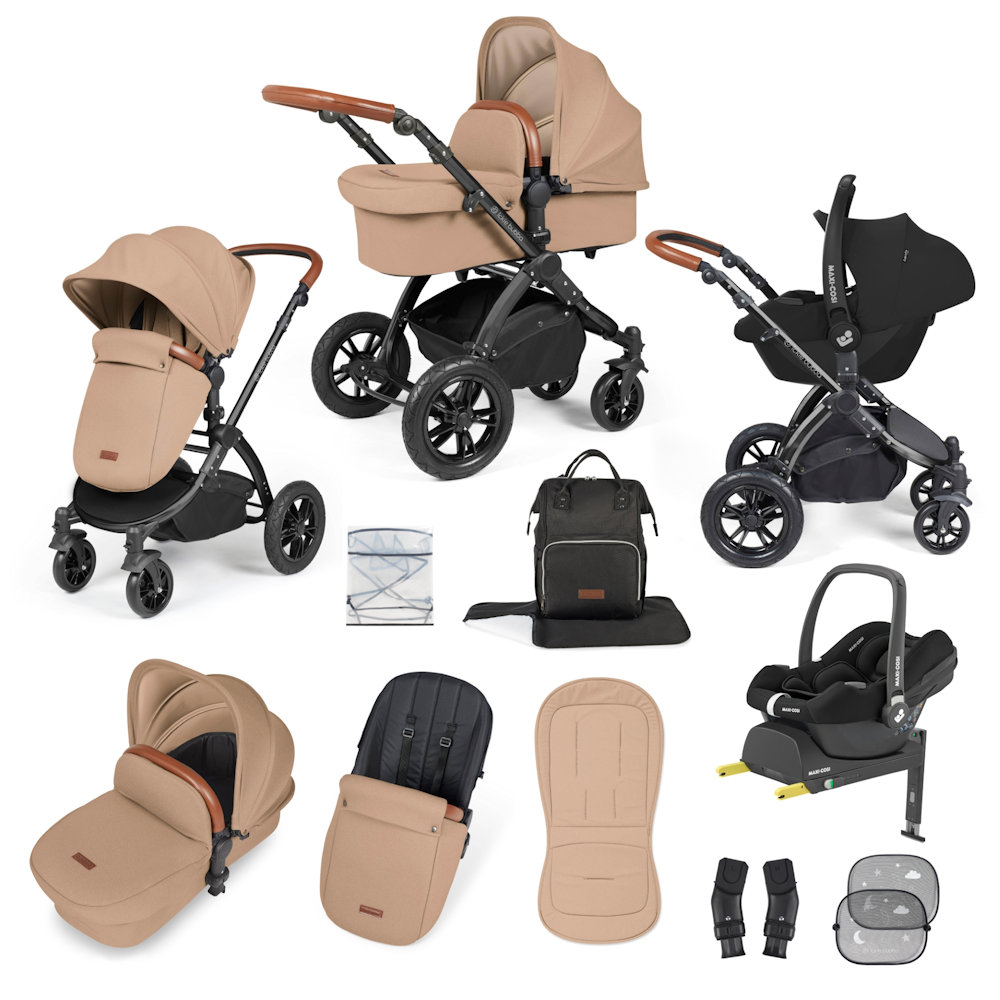Ickle Bubba Stomp Luxe & Maxi Cosi I Size Cabriofix Car Seat & Base Bundle - Black/Desert