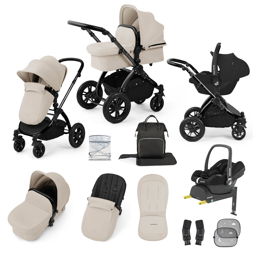 Ickle Bubba Stomp Luxe & Maxi Cosi I Size Cabriofix Car Seat & Base Bundle - Black/Stone