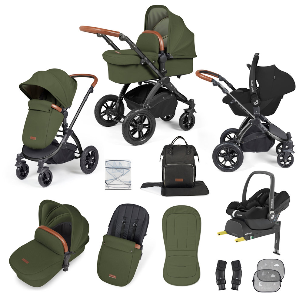 Ickle Bubba Stomp Luxe & Maxi Cosi I Size Cabriofix Car Seat & Base Bundle - Black/Woodland