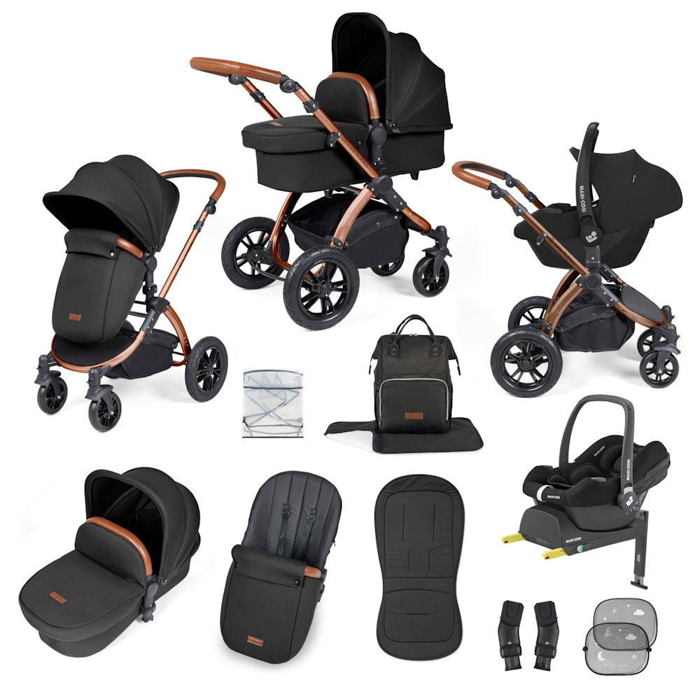 Ickle Bubba Stomp Luxe & Maxi Cosi I Size Cabriofix Car Seat & Base Bundle - Bronze/Midnight