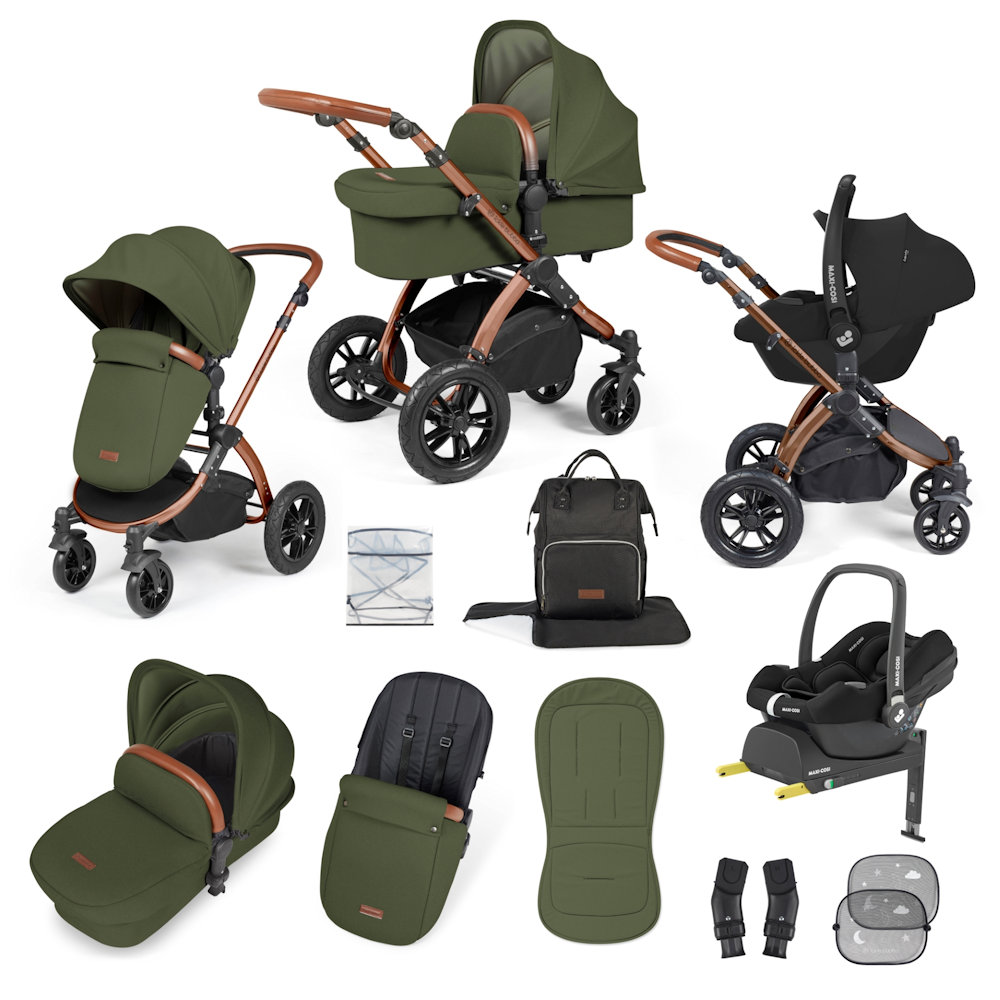 Ickle Bubba Stomp Luxe & Maxi Cosi I Size Cabriofix Car Seat & Base Bundle- Bronze/Woodland