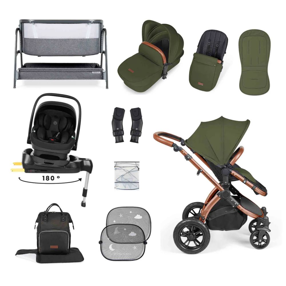Ickle Bubba Stomp Luxe & Nimbus I Size Car Seat & SPIN Base Bundle - Bronze/Woodland FREE Bubba & Me