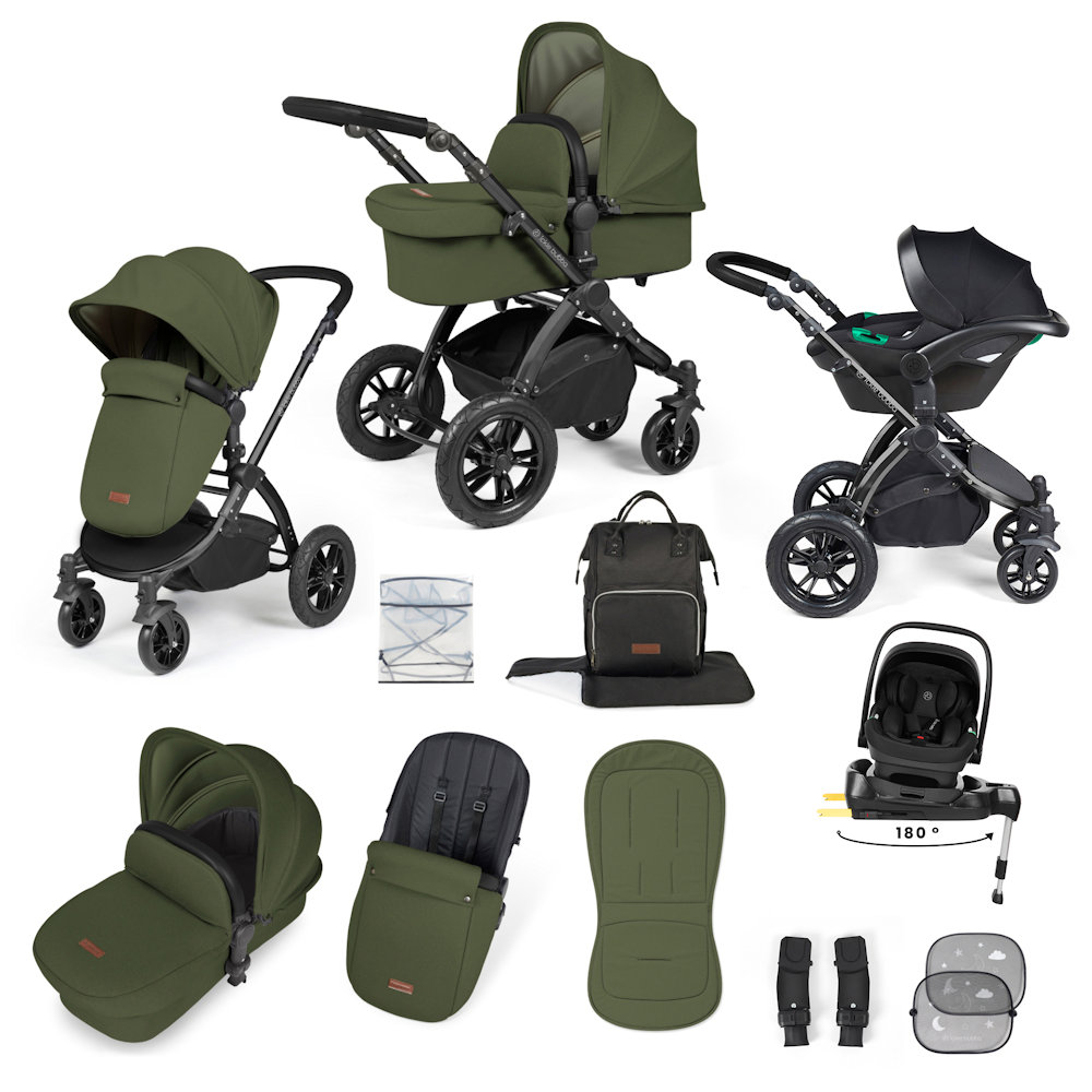 Ickle Bubba Stomp Luxe & Nimbus I Size Car Seat & SPIN Base Bundle - Black/Woodland
