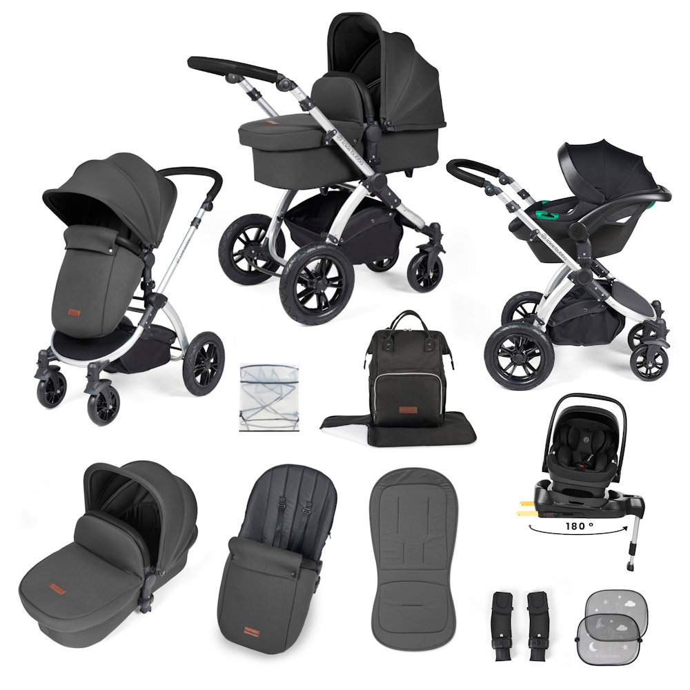 Ickle Bubba Stomp Luxe & Nimbus I Size Car Seat & SPIN Base Bundle - Silver/Charcoal Grey