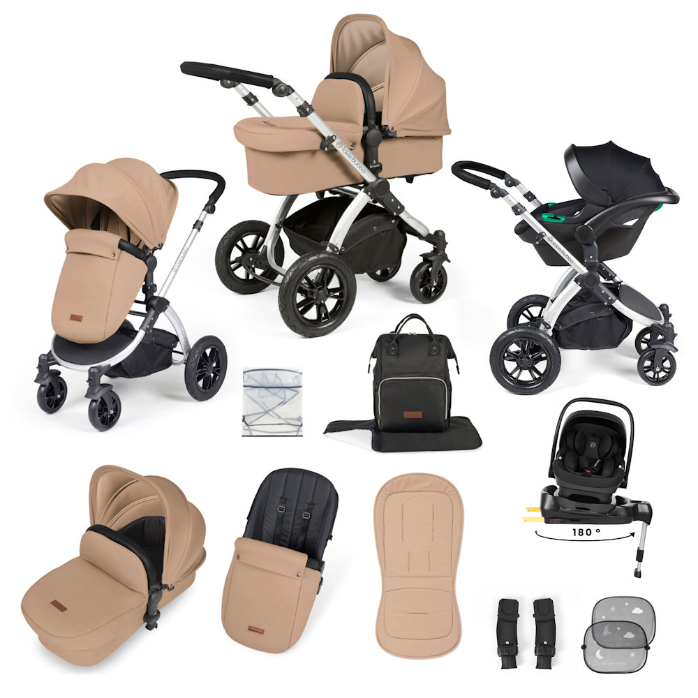 Ickle Bubba Stomp Luxe & Nimbus I Size Car Seat & SPIN Base Bundle - Silver/Desert
