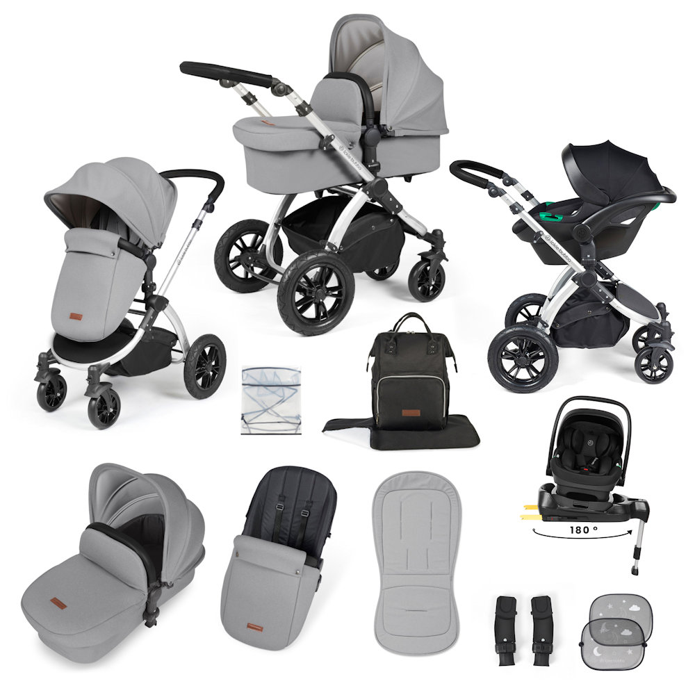Ickle Bubba Stomp Luxe & Nimbus I Size Car Seat & SPIN Base Bundle - Silver/Pearl Grey