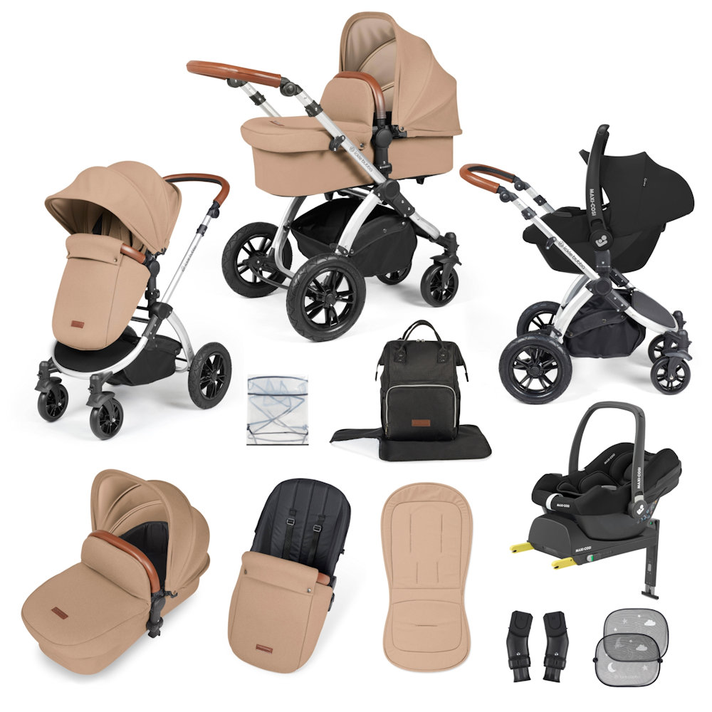 Ickle Bubba Stomp Luxe & Maxi Cosi I Size Cabriofix Car Seat & Base Bundle - Silver/Desert