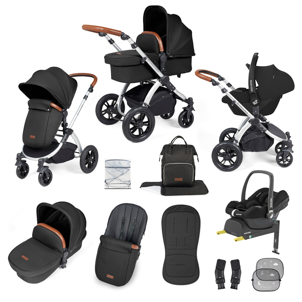 Ickle Bubba Stomp Luxe & Maxi Cosi I Size Cabriofix Car Seat & Base Bundle - Silver/Midnight