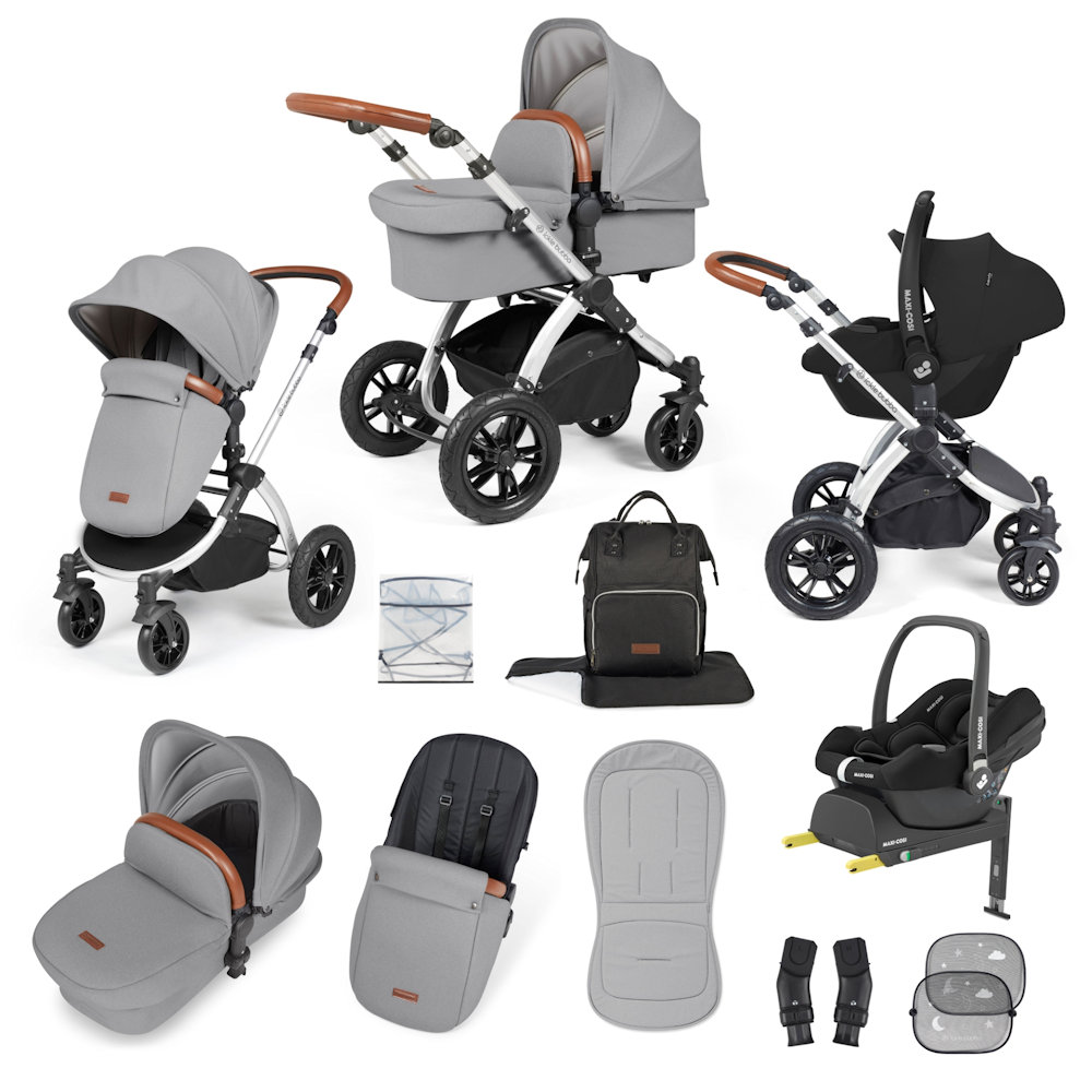 Ickle Bubba Stomp Luxe & Maxi Cosi I Size Cabriofix Car Seat & Base Bundle - Silver/Pearl Grey