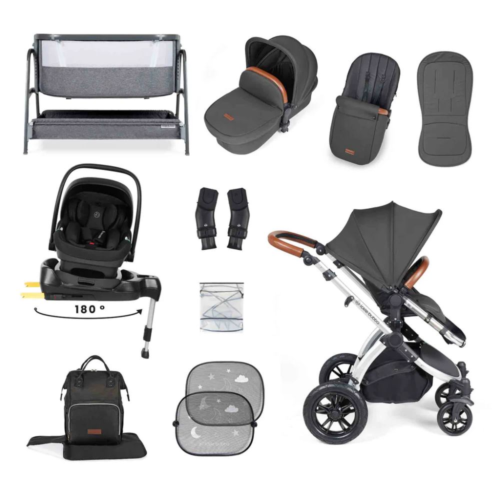 Ickle Bubba Stomp Luxe & Nimbus I Size Car Seat & SPIN Base Bundle - Silver/Charcoal Grey FREE Bubba & Me
