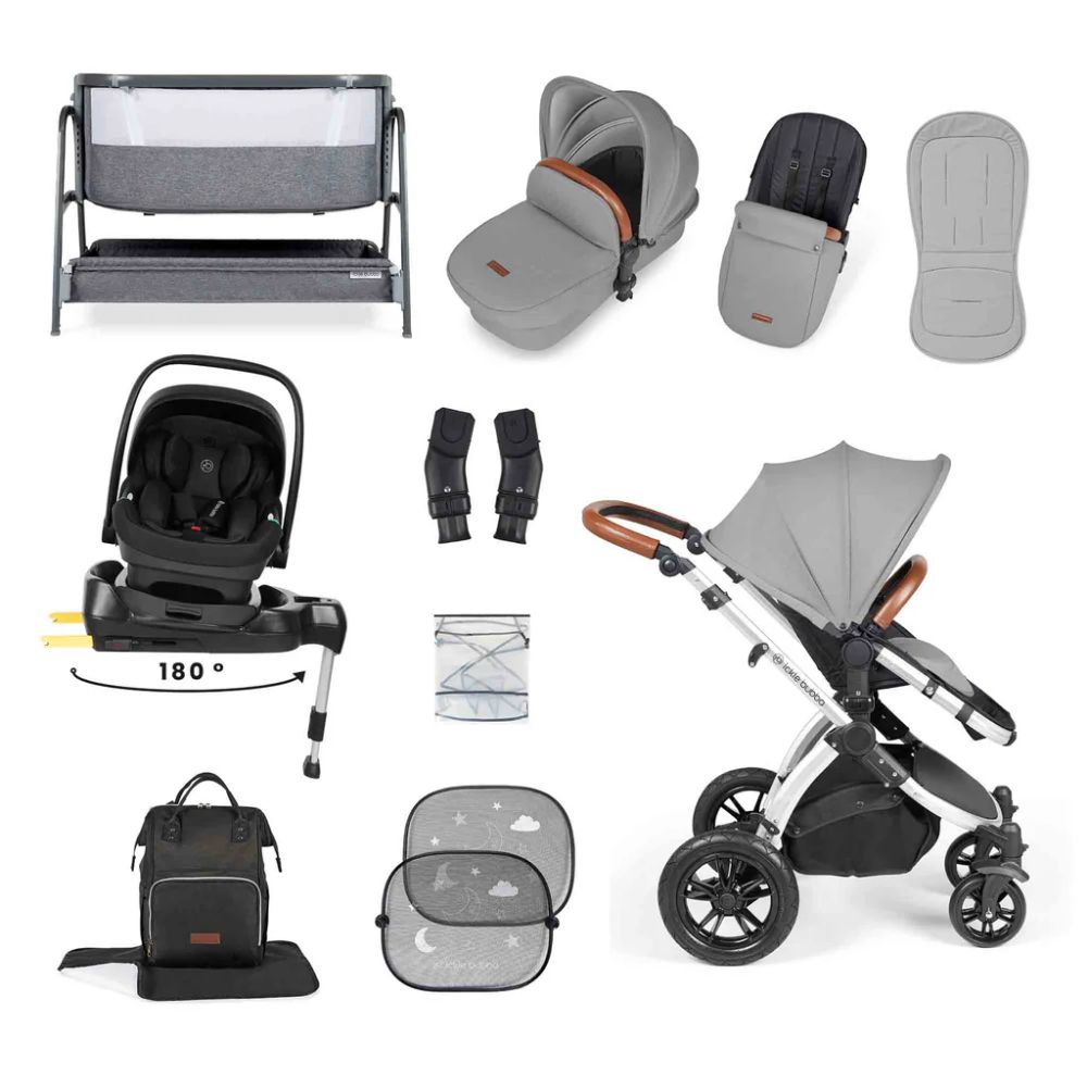 Ickle Bubba Stomp Luxe & Nimbus I Size Car Seat & SPIN Base Bundle - Silver/Pearl Grey FREE Bubba & Me