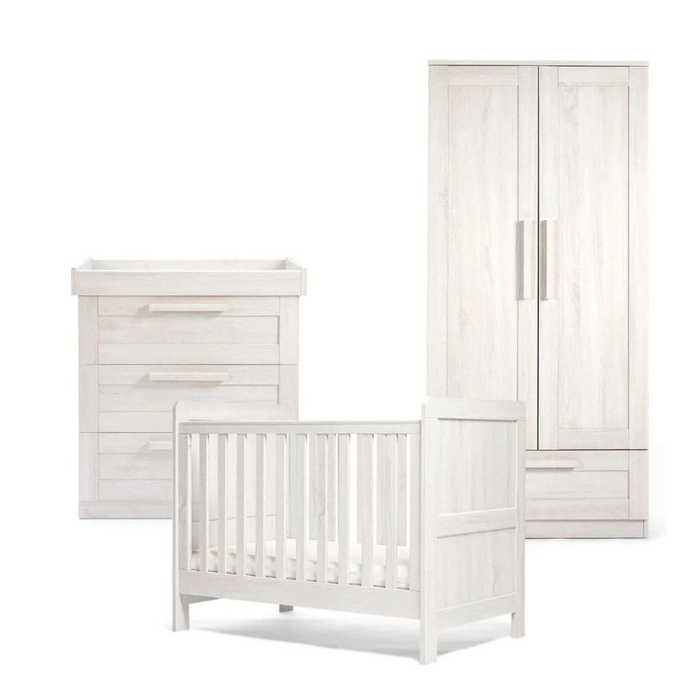 Mamas & Papas Atlas 3 Piece Small Cotbed Range with Dresser Changer & Wardrobe - White