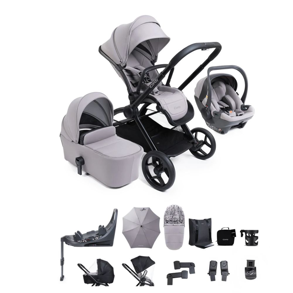 iCandy Core 2 Storm Grey Pushchair and Carrycot - Complete 360 Car Seat Bundle